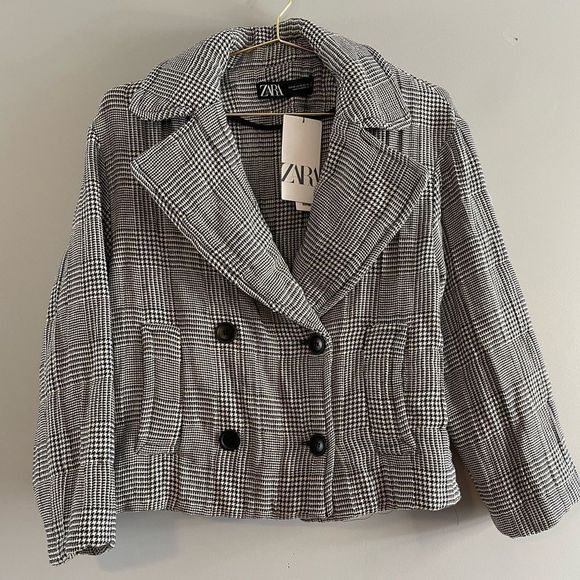 ZARA Checkered Double Breasted Quilted Oversized Short Coat - Picture 13 of 17